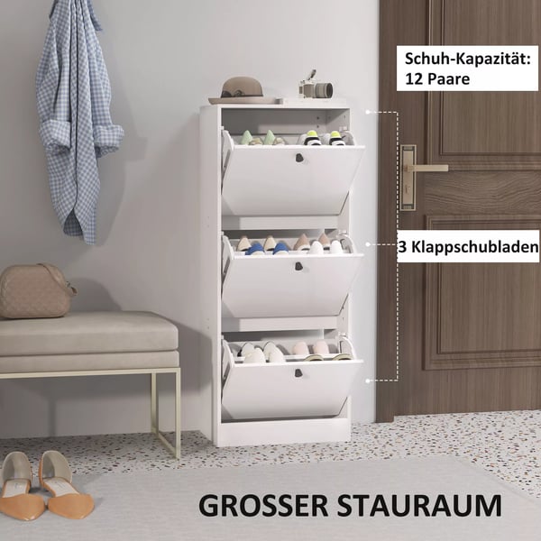 HOMCOM skoskab med 3 klapper, skotilt, skoreol med justerbar skillevæg, smalt skomøbel til 12 par sko, 47 x 28 x 115 cm, hvid