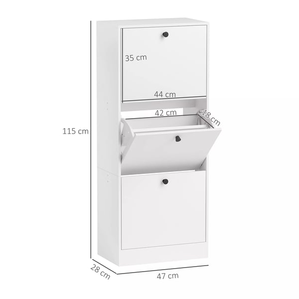HOMCOM skoskab med 3 klapper, skotilt, skoreol med justerbar skillevæg, smalt skomøbel til 12 par sko, 47 x 28 x 115 cm, hvid