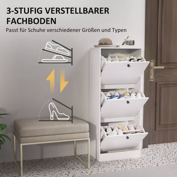 HOMCOM skoskab med 3 klapper, skotilt, skoreol med justerbar skillevæg, smalt skomøbel til 12 par sko, 47 x 28 x 115 cm, hvid