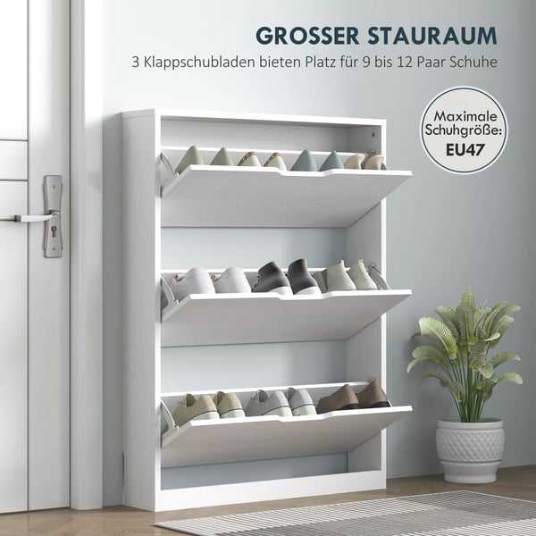 HOMCOM Skoskab med 3 Klapper, Hvid Skoreol 80x17x108 cm - Opbevaring til 9-12 par sko