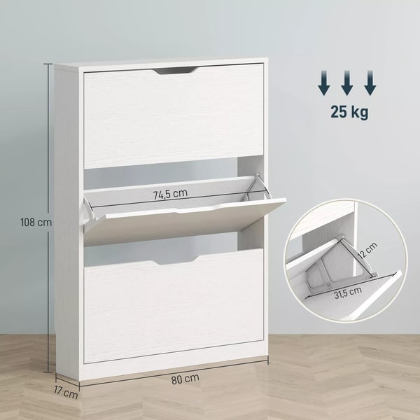 HOMCOM Skoskab med 3 Klapper, Hvid Skoreol 80x17x108 cm - Opbevaring til 9-12 par sko