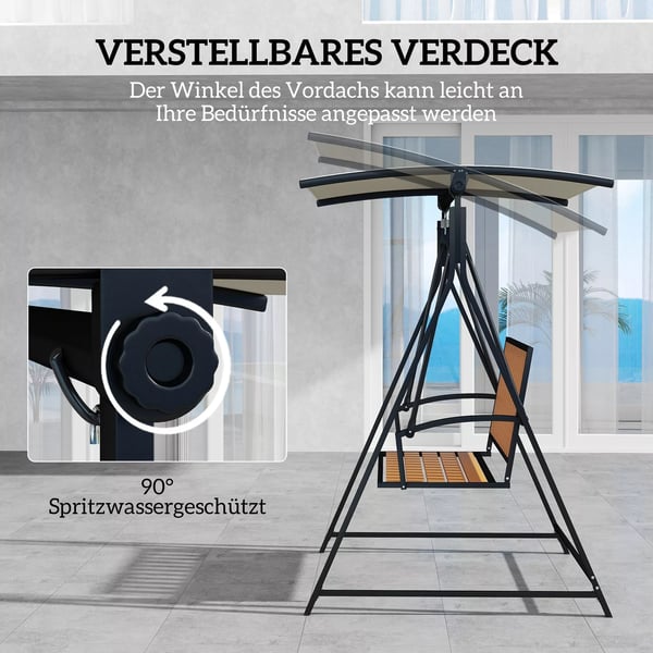 Outsunny Hollywood-gyngestol til 2 personer, justerbar solsejl, vejrbestandig havesofa, 240 kg kapacitet, sort, polyester
