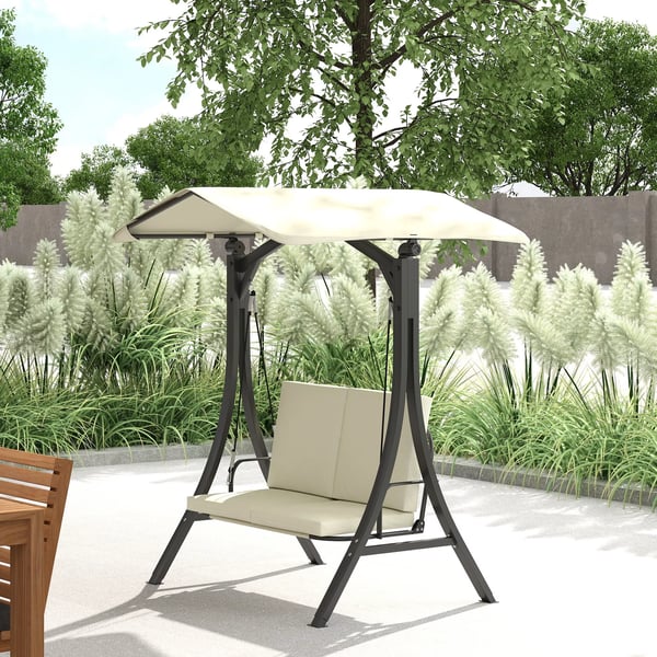 Outsunny Hollywood gyngestol til 2 personer med justerbar solskærm, sædepude, beskyttelsescover. Cremefarvet, polyester, 150x120x182 cm.