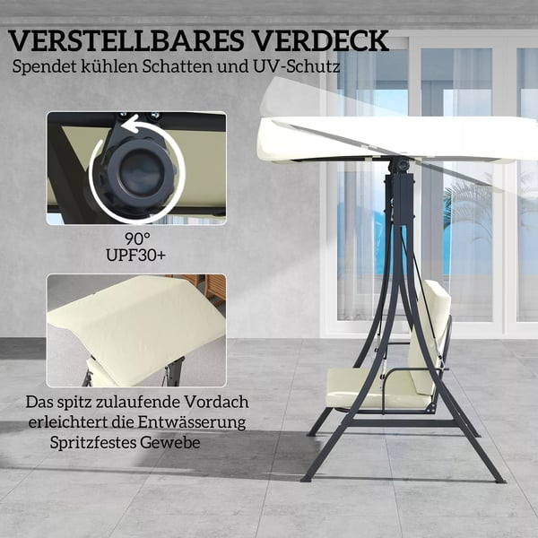 Outsunny Hollywood gyngestol til 2 personer med justerbar solskærm, sædepude, beskyttelsescover. Cremefarvet, polyester, 150x120x182 cm.