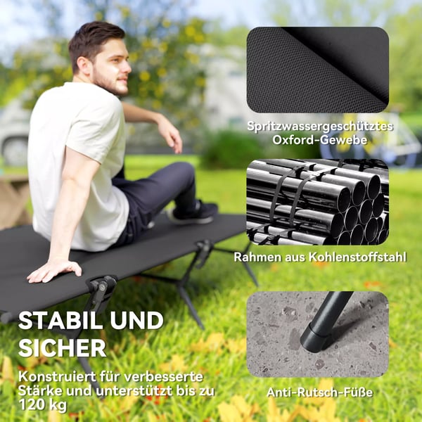 Outsunny Sammenklappelig Camping Bed 200x100cm Sort Oxfordstof, Foldbar Gæsteseng med Bæretaske, Max 120kg