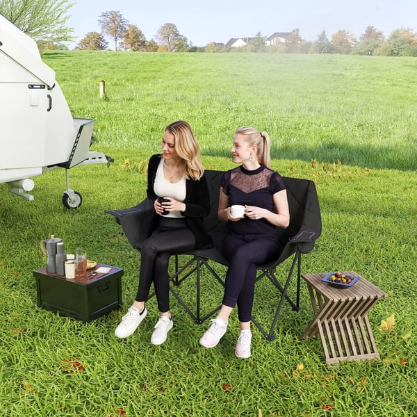 Outsunny Foldbar Campingstol til 2 personer, Robust 600D Oxford-stof, Sort, med Kletasker og Brbarhed, Max 250kg, Udendrs Stol til Have, Camping, S