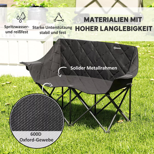 Outsunny Foldbar Campingstol til 2 personer, Robust 600D Oxford-stof, Sort, med Kletasker og Brbarhed, Max 250kg, Udendrs Stol til Have, Camping, S