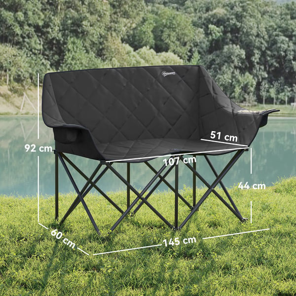 Outsunny Foldbar Campingstol til 2 personer, Robust 600D Oxford-stof, Sort, med Kletasker og Brbarhed, Max 250kg, Udendrs Stol til Have, Camping, S