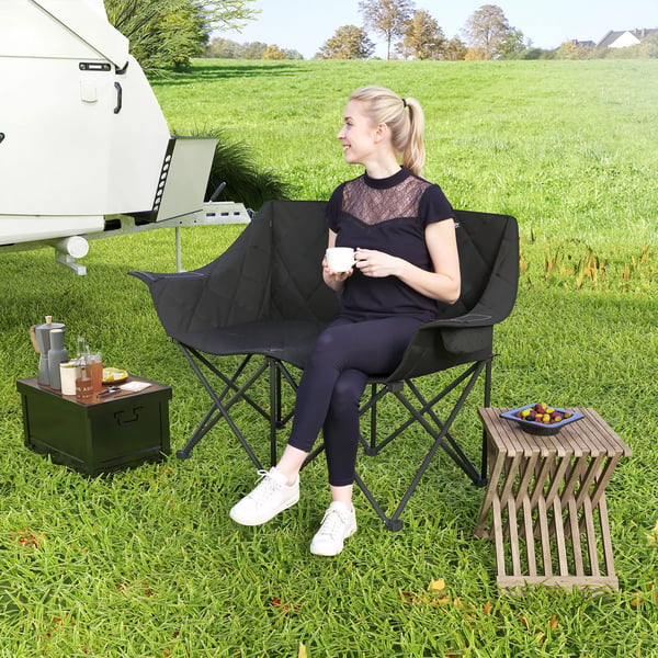 Outsunny Foldbar Campingstol til 2 personer, Robust 600D Oxford-stof, Sort, med Kletasker og Brbarhed, Max 250kg, Udendrs Stol til Have, Camping, S