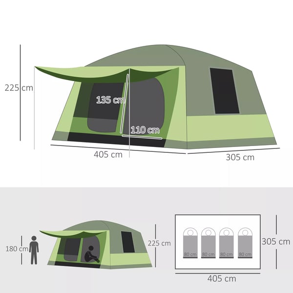 Outsunny campingtelt kuppeltelt familietelt 2 sovekabiner 4-8 personer L405 x B305 x H225cm
