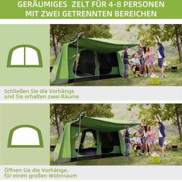 Outsunny campingtelt kuppeltelt familietelt 2 sovekabiner 4-8 personer L405 x B305 x H225cm