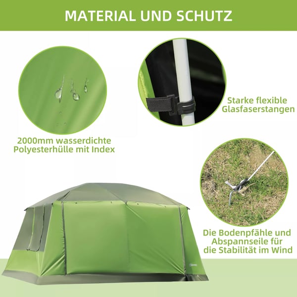 Outsunny campingtelt kuppeltelt familietelt 2 sovekabiner 4-8 personer L405 x B305 x H225cm