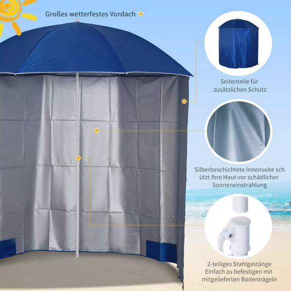 Outsunny parasol strandparasol med sidevæg, polyester, blå, 2,2xH2,2m