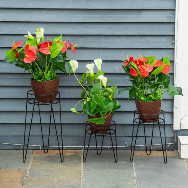 Outsunny Blomsterstativ Sæt med 3 stk. Metal Plantestativ Sæt Blomsterkrog Blomsterpotteholder Plantekrog til Blomsterpotte op til Ø16 cm Sort