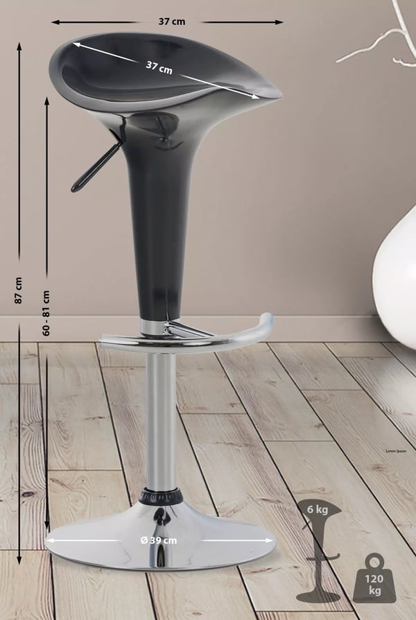 Grå plastik sadelbarstol med krom-look metalstel, højdejusterbar og 360° drejelig