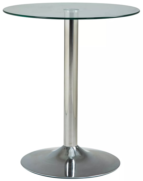 Rundt spisebord i glas med metalramme, 70 cm højde, 60 cm diameter, klar bordplade