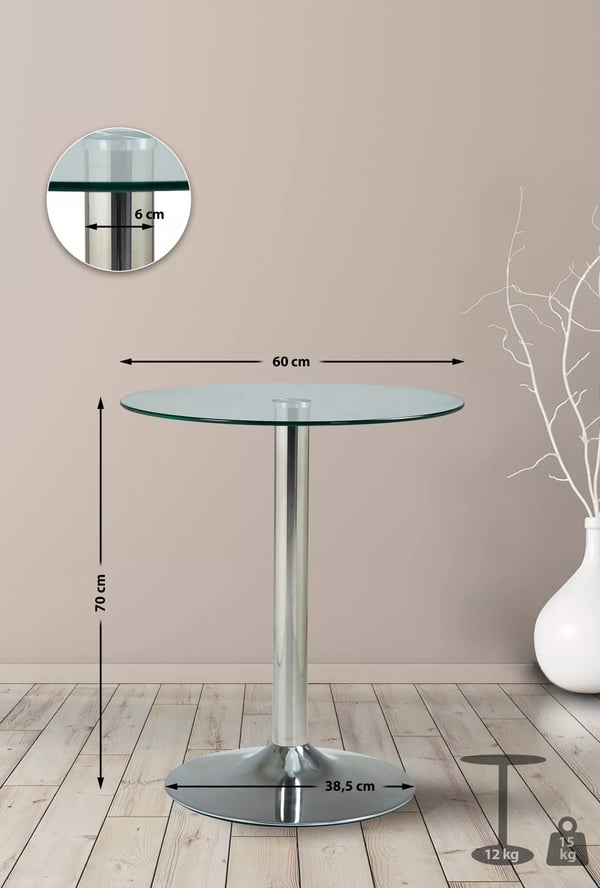 Pyöreä lasipöytä kromi metallirungolla - halkaisija 60 cm, korkeus 70 cm
