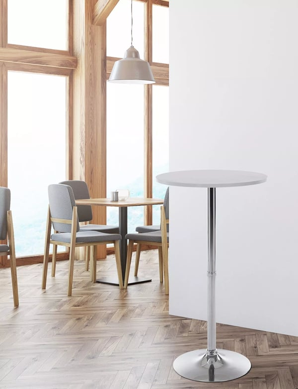 Hvidt rundt barbord med træplade og krom-look metalfod - 60 cm diameter