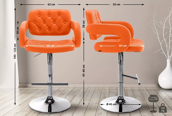 Barstol i orange konstläder med metallram - justerbar höjd, svängbar, vadderad sits och fotstöd
