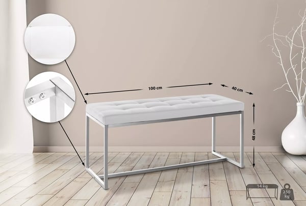 Barci Hvid Polstret Bænk i Imiteret Læder med Rustfrit Stålramme - 100x40x48 cm