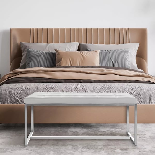 Barci Hvid Polstret Bænk i Imiteret Læder med Rustfrit Stålramme - 100x40x48 cm
