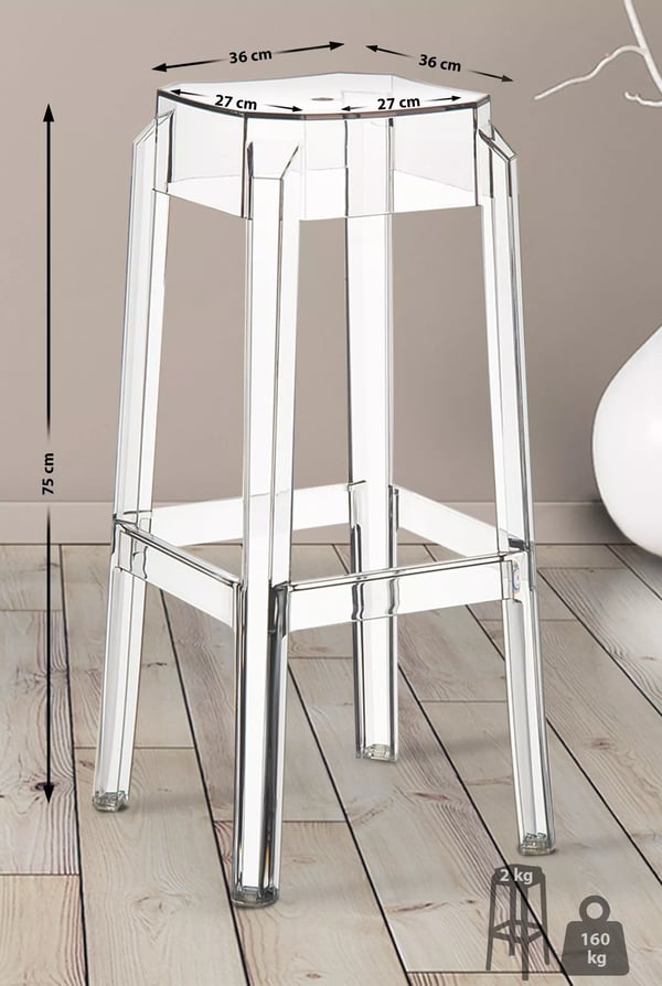Transparent Polycarbonat Fox Barstol - Stabelbar, Moderne, Komfortabel, 75 cm Sædehøjde, Vejrbestandig