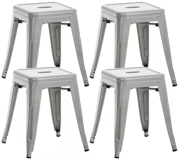 Set med 4 silverfärgade metallpallar - Stapelbara, industriell look, lättskötta, 46 cm höjd, 4-pack