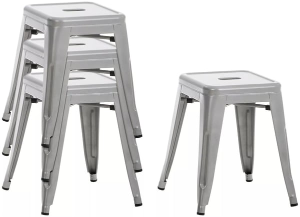 Set med 4 silverfärgade metallpallar - Stapelbara, industriell look, lättskötta, 46 cm höjd, 4-pack