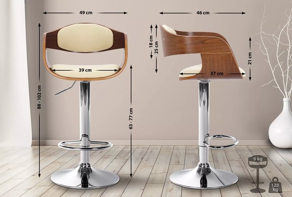 Kingston Barstol i Kunstlæder - Valnød/Creme, Krom-look Metalbase, 360° Drejefunktion, Højdejusterbar