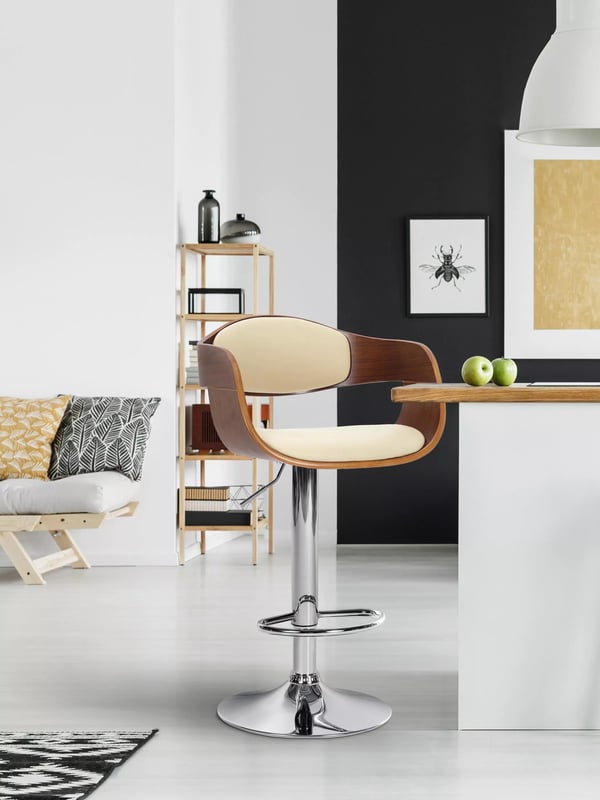 Kingston Barstol i Kunstlæder - Valnød/Creme, Krom-look Metalbase, 360° Drejefunktion, Højdejusterbar