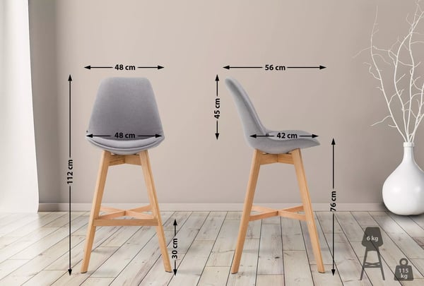 Cannes Grå Barstol i Tyg med Träställning - Bekväm Vadderad Sits, Ram i Ek, 112 cm Höjd