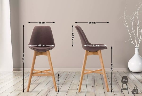 Cannes brun tyg barstol med träben - 112 cm hög