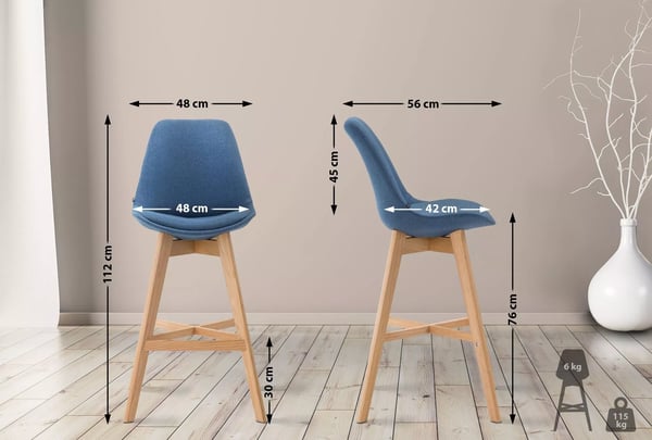 Cannes Blå Barstol i Tyg med Träben - Modern Design, Bekväm Sittplats (112cm Höjd)