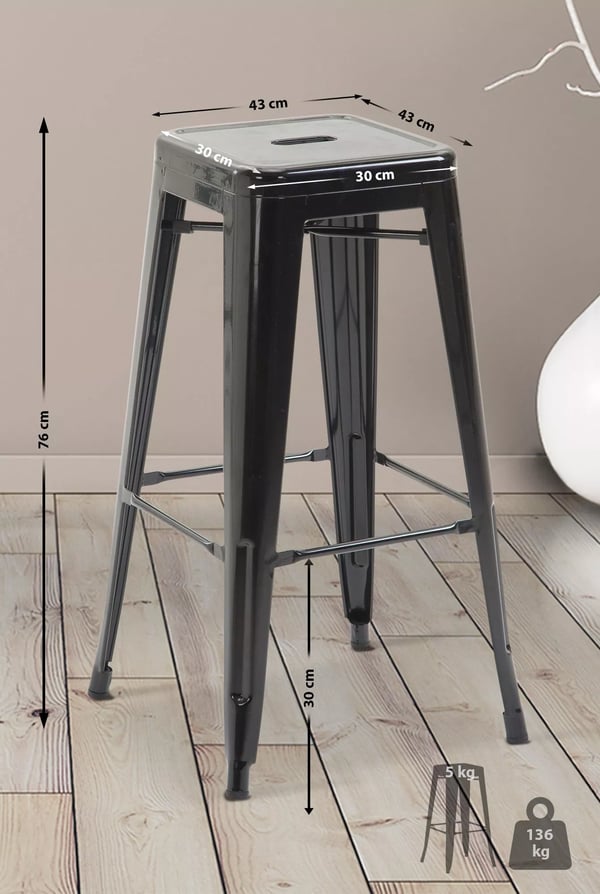 Joshua V2 Industriel Metal Barstol - Sort, Stabelbar med Fodstøtte, 76 cm Sædehøjde