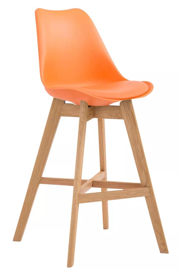 Orange plastbarstol med träram