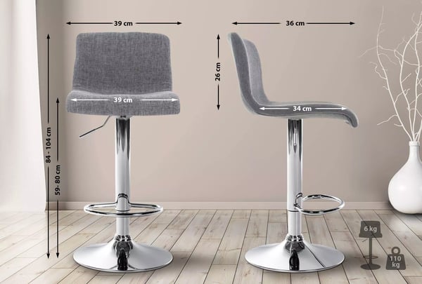 Baarituoli Hoover, vaaleanharmaa kangas, kromin värinen metallirunko