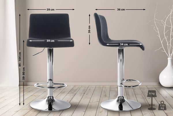 Hoover sort stof barstol med krom-look metalramme, justerbar højde, 360 drejefunktion