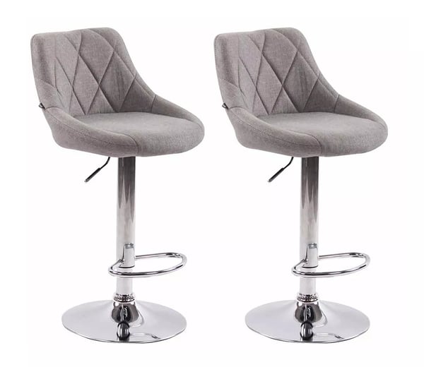 Set med 2 barstolar i grått tyg med kromfärgad metallbas - Lazio Design, justerbar höjd, 360° svängbar