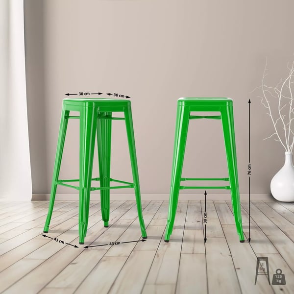 Sæt med 2 grønne Joshua metalbarstole, stabelbare, moderne design, 76 cm højde