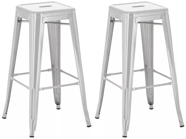 Set med 2 silverfärgade Joshua barstolar i metall, stapelbara, modern design, 76 cm sitthöjd