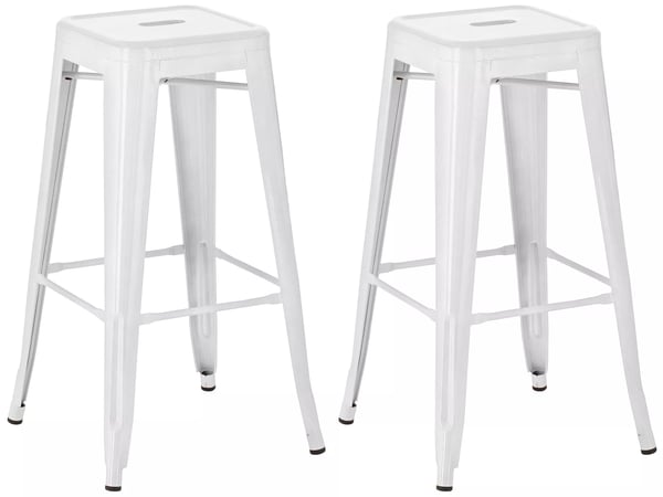 Set med 2 vita barstolar i metall, moderna, stapelbara, 76 cm sitthöjd, lättskötta