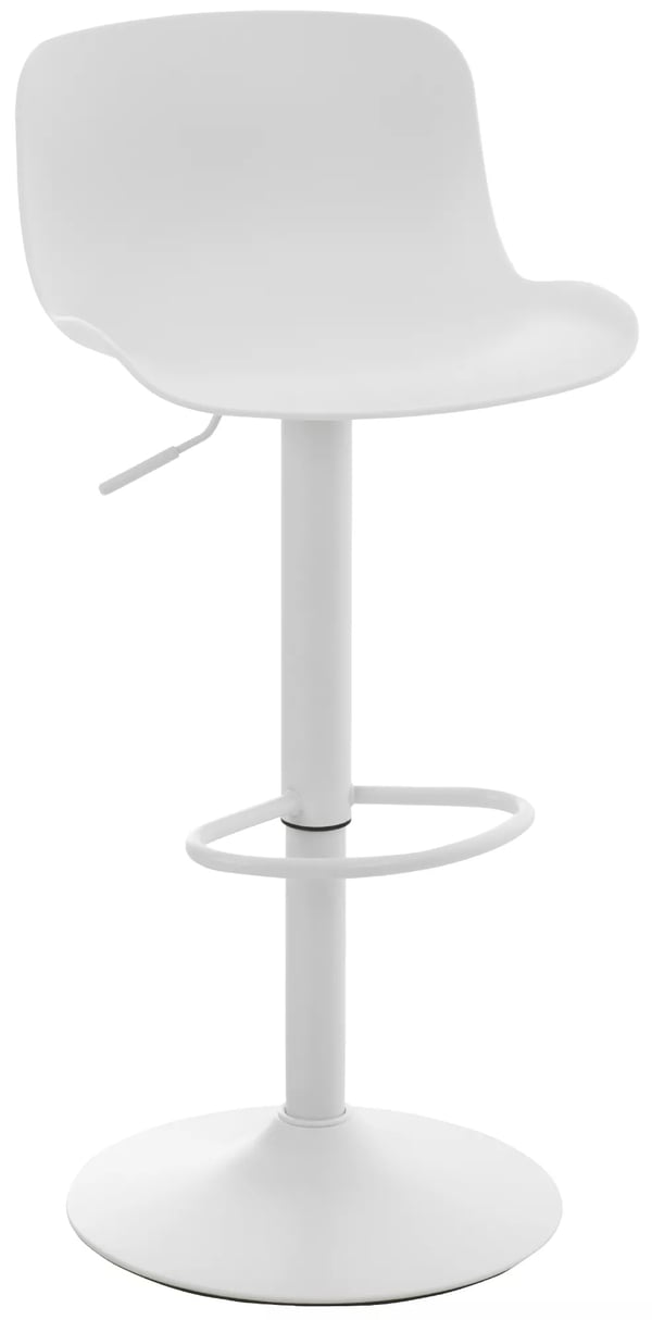 Justerbar barstol med svängbar sits, ergonomiskt ryggstöd och trumpetfot i metall - vit plast