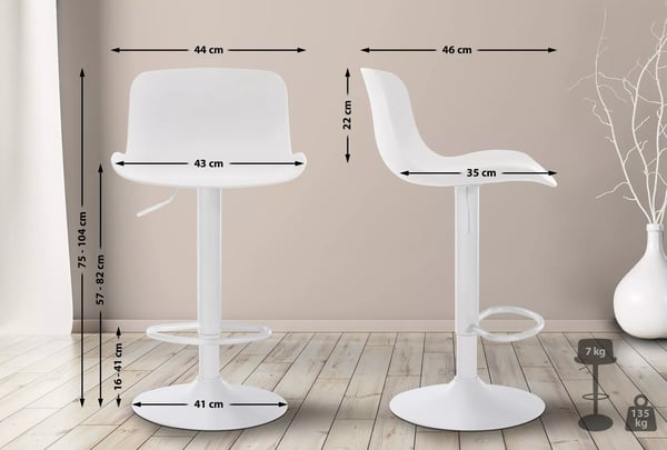 Justerbar barstol med drejesæde, ergonomisk ryglæn og trompetfod i metal - hvid plast