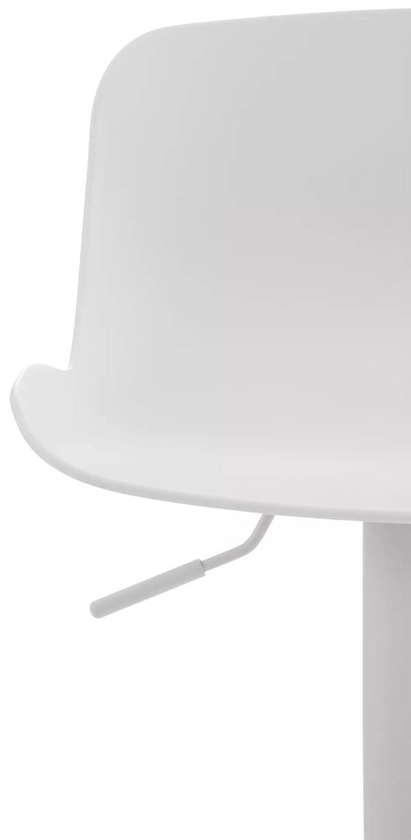 Justerbar barstol med drejesæde, ergonomisk ryglæn og trompetfod i metal - hvid plast