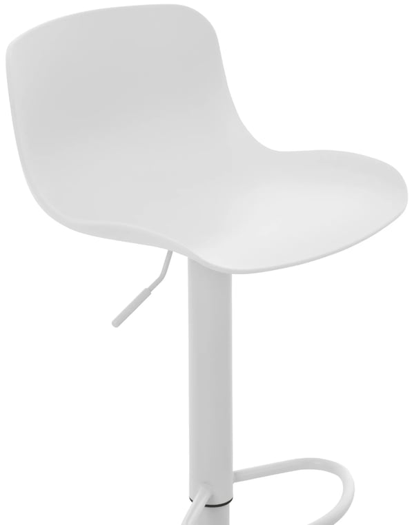 Justerbar barstol med drejesæde, ergonomisk ryglæn og trompetfod i metal - hvid plast