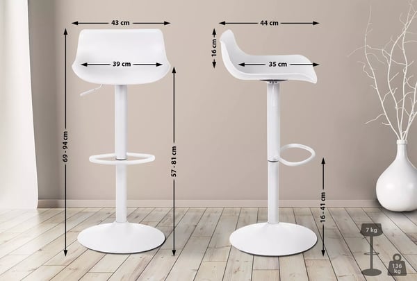 Justerbar hvid barstol i plast med metalfod