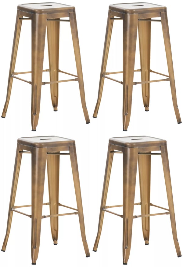 Set med 4 barstolar i guldmetall, stapelbara, modern design, 76 cm höjd