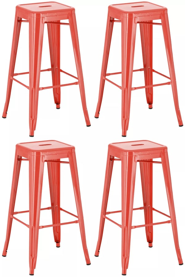 Uppsättning med 4 röda Joshua barstolar i metall, stapelbara, modern design