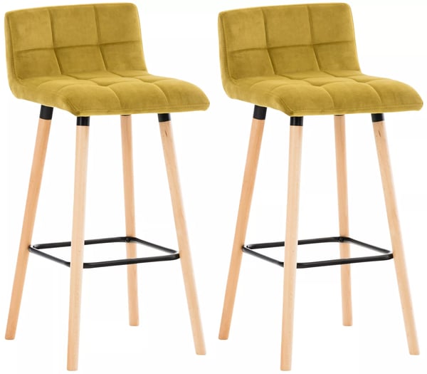 Set med 2 gula barstolar i sammet med träram, modern komfortdesign