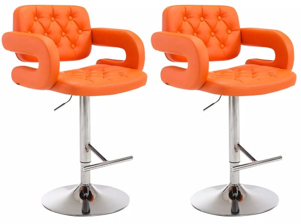Set med 2 orange barstolar i konstläder med kromfärgad metallram, justerbar höjd och svängbar Set med 2 orange barstolar i konstläder med kromfärgad metallram, justerbar höjd och svängbar